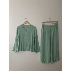 FLAX Matching Set Sz S Green 100% Linen Lagenlook Art To Wear Monochromatic